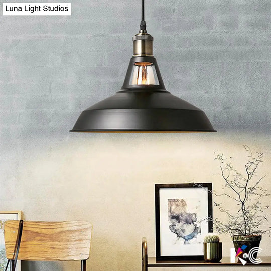 Industrial Metal Pendant Lamp: Barn-Style Shade 1 Light Black/White Ceiling Fixture With Hanging