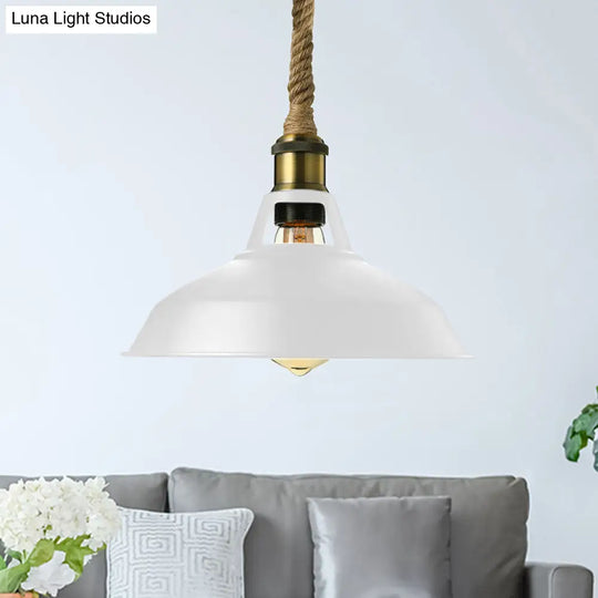 Industrial Metal Pendant Lamp - Barn Shade Living Room Ceiling Light With Hanging Rope 1 Black/White
