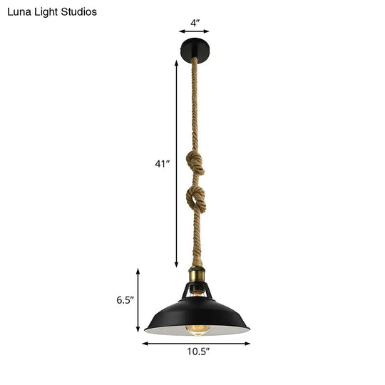 Industrial Metal Pendant Lamp - Barn Shade Living Room Ceiling Light With Hanging Rope 1 Black/White