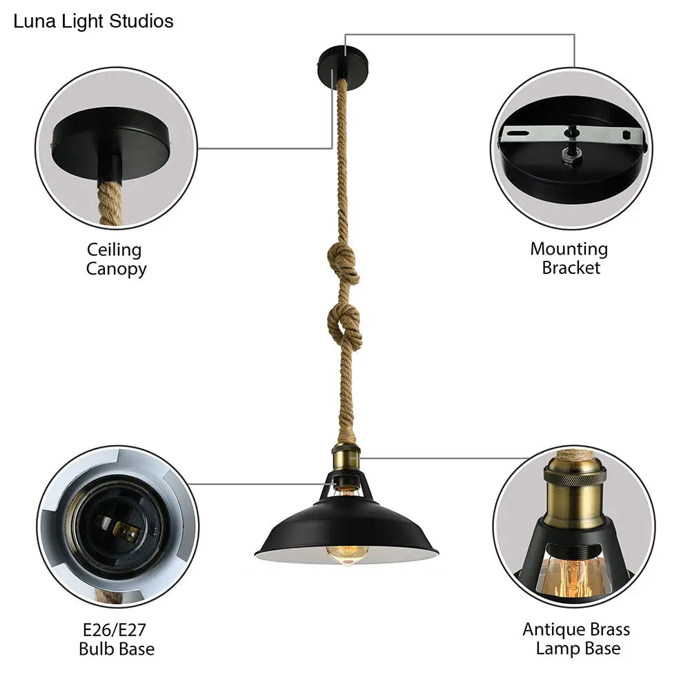 Industrial Metal Pendant Lamp - Barn Shade Living Room Ceiling Light With Hanging Rope 1 Black/White