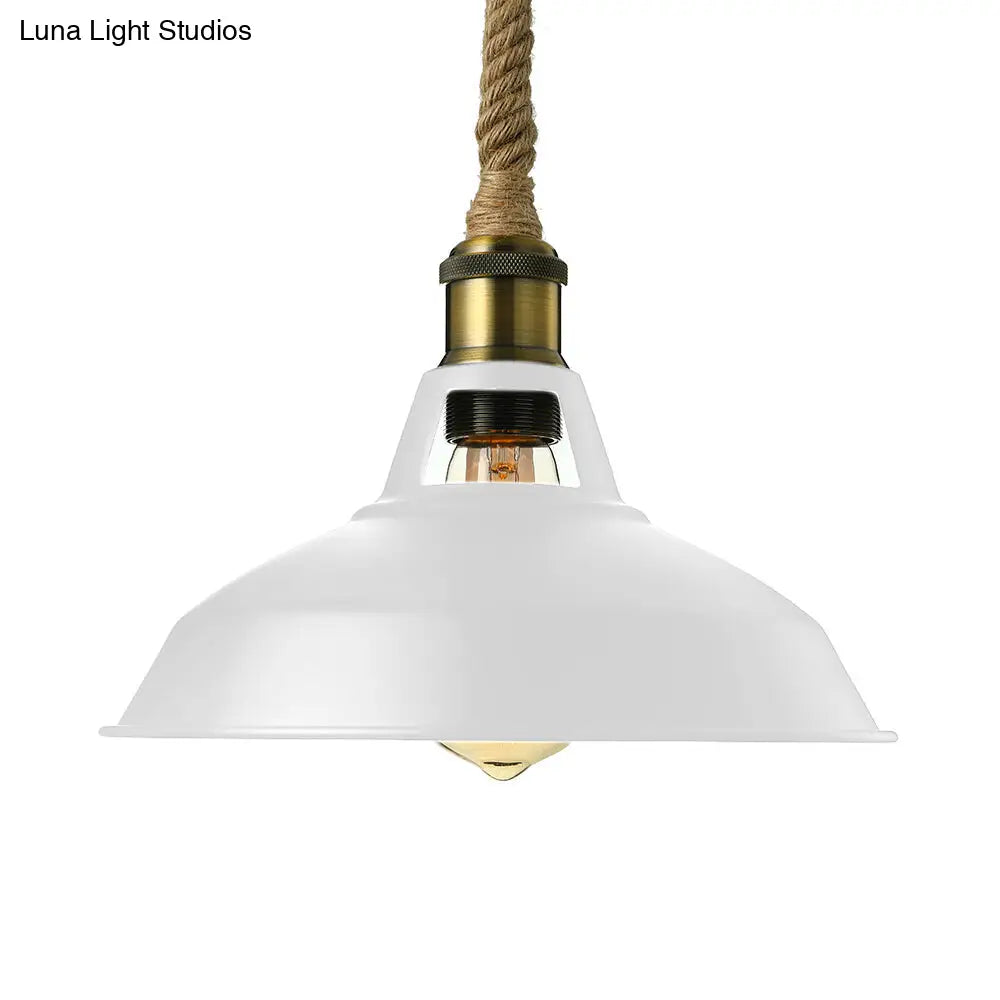 Industrial Metal Pendant Lamp - Barn Shade Living Room Ceiling Light With Hanging Rope 1 Black/White
