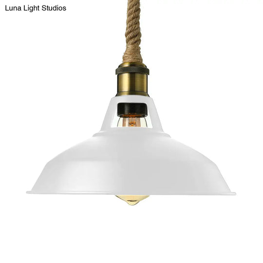 Industrial Metal Pendant Lamp - Barn Shade Living Room Ceiling Light With Hanging Rope 1 Black/White