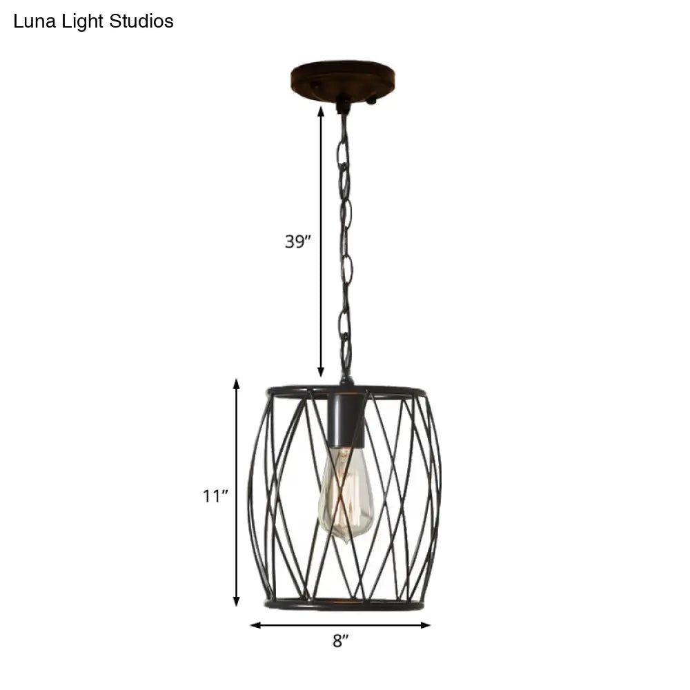 Industrial Metal Pendant Lamp With Black Wire Guard - 1 Bulb Cylinder Shade For Dining Room