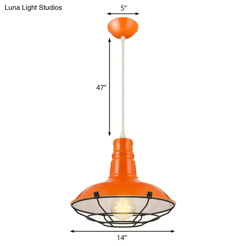 Industrial Metal Pendant Light With Wire Guard In Orange Blue And Green 1-Light 10/14/18 Dia -