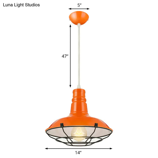 Industrial Metal Pendant Light With Wire Guard In Orange Blue And Green 1-Light 10/14/18 Dia -