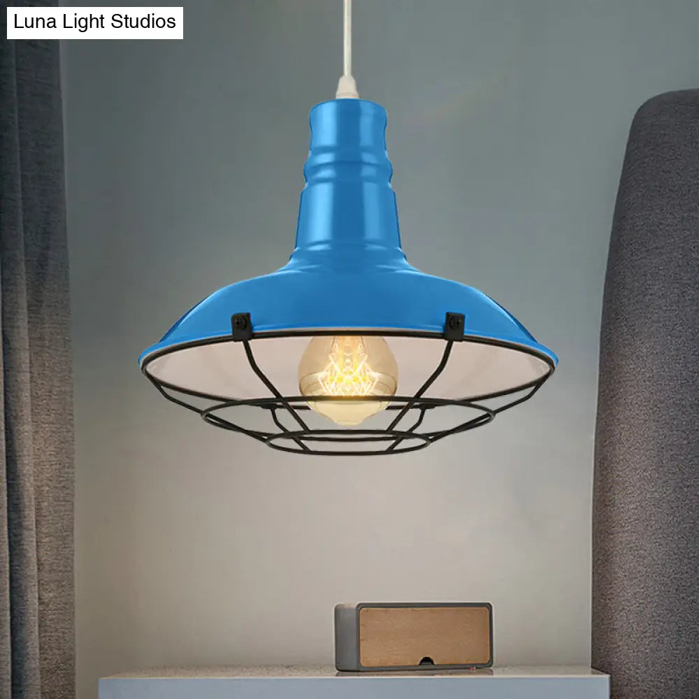 Industrial Metal Pendant Light With Wire Guard In Orange Blue And Green 1-Light 10/14/18 Dia -