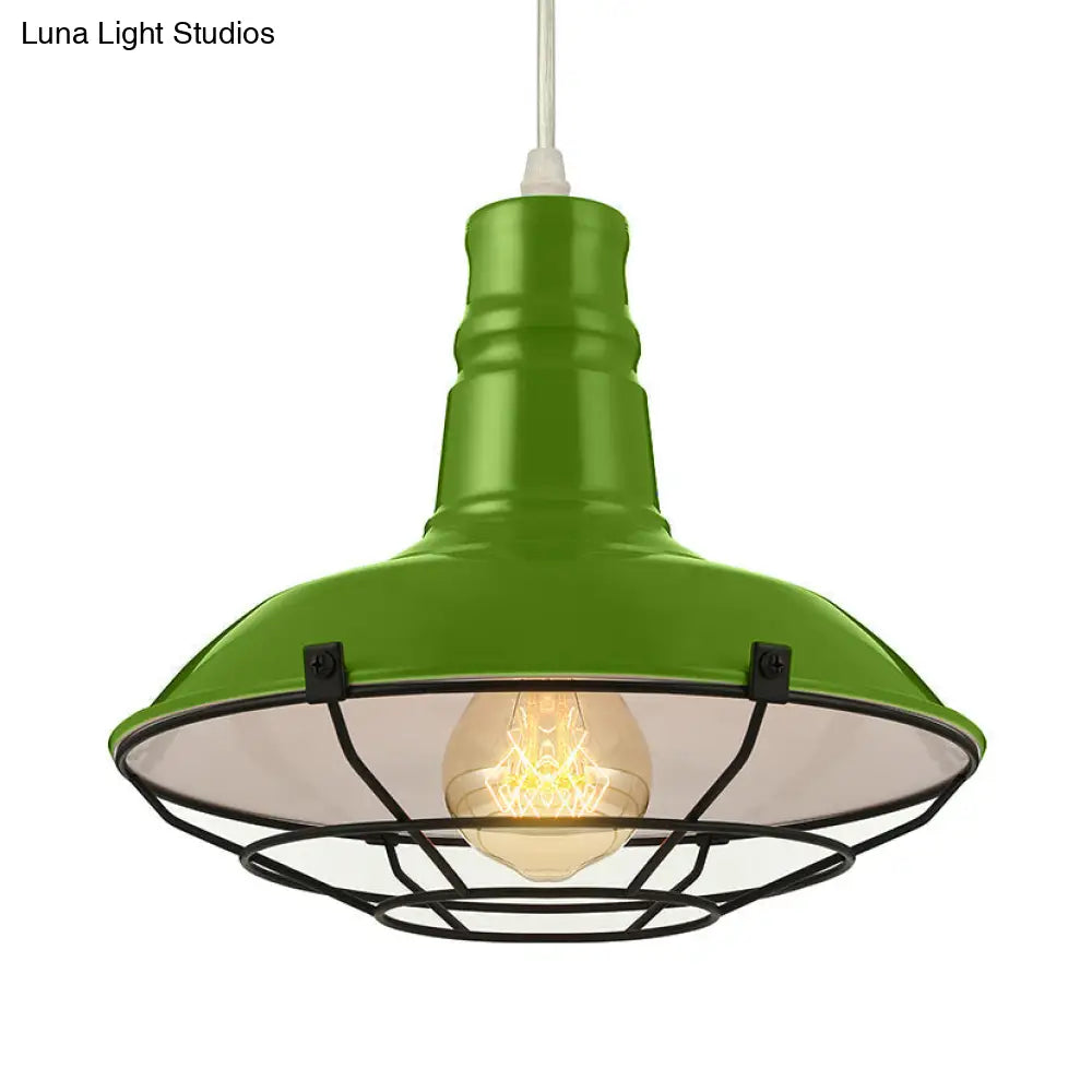 Industrial Metal Pendant Light With Wire Guard In Orange Blue And Green 1-Light 10/14/18 Dia -