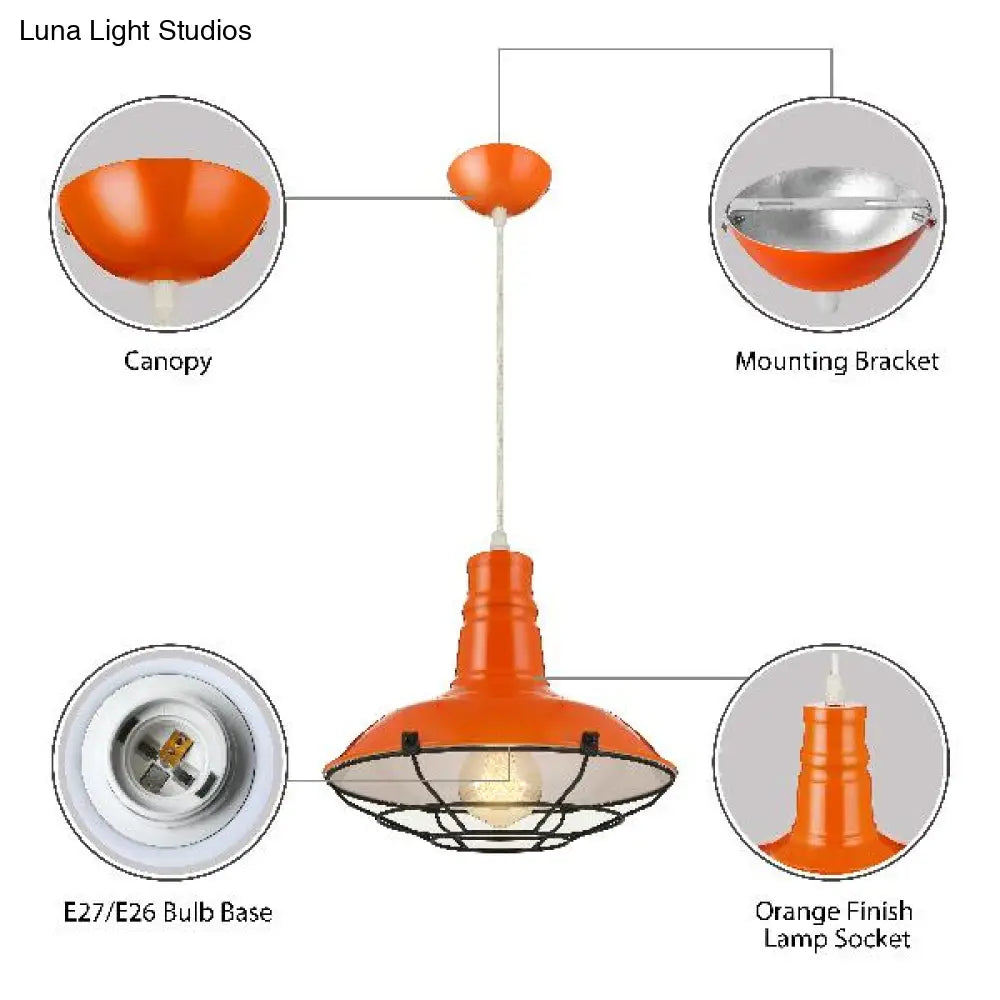 Industrial Metal Pendant Light Fixture With Wire Guard - Orange/Blue/Green Bowl Design