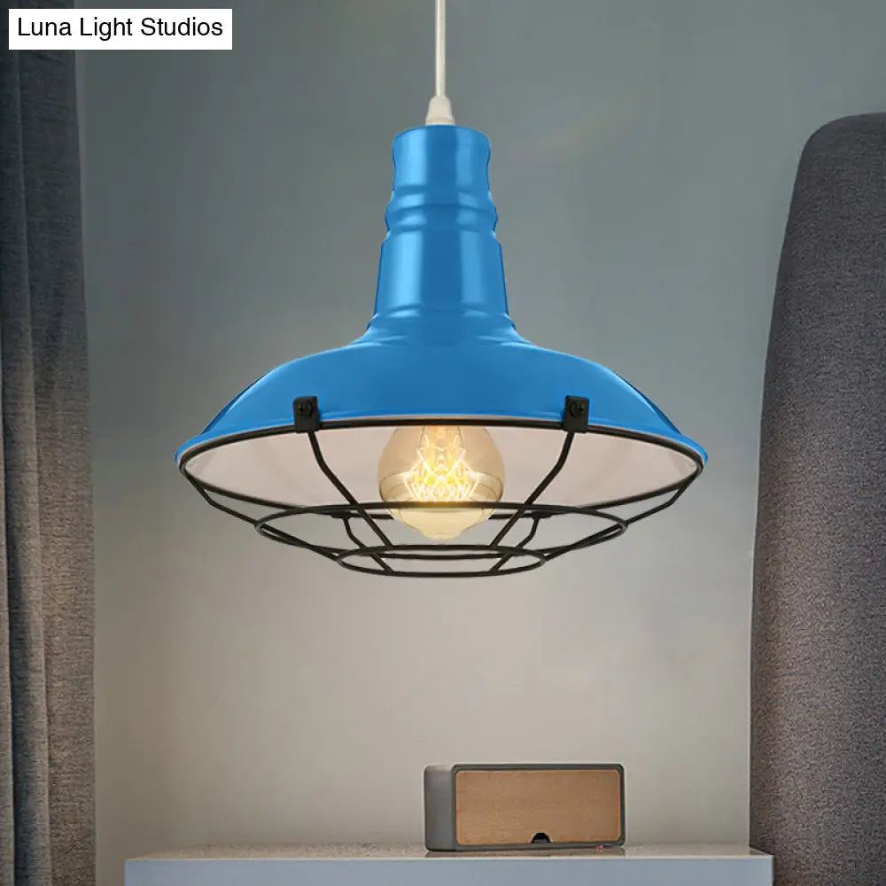 Industrial Metal Pendant Light Fixture With Wire Guard - Orange/Blue/Green Bowl Design