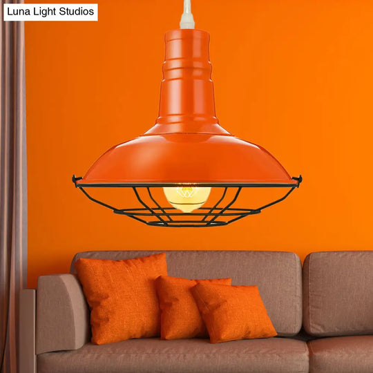 Industrial Metal Pendant Light With Wire Guard In Orange Blue And Green 1-Light 10/14/18 Dia -