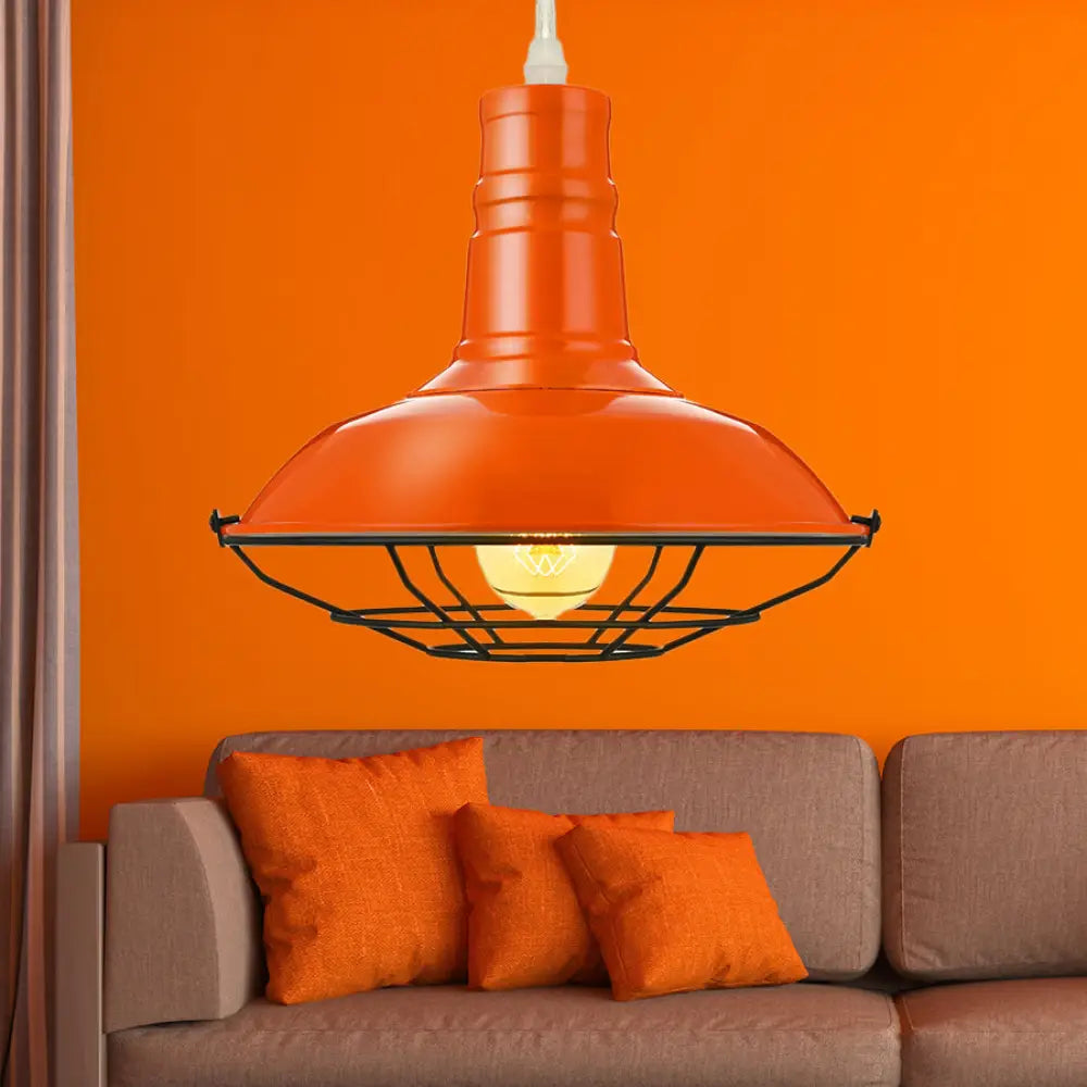Industrial Metal Pendant Light Fixture With Wire Guard - Orange/Blue/Green Bowl Design