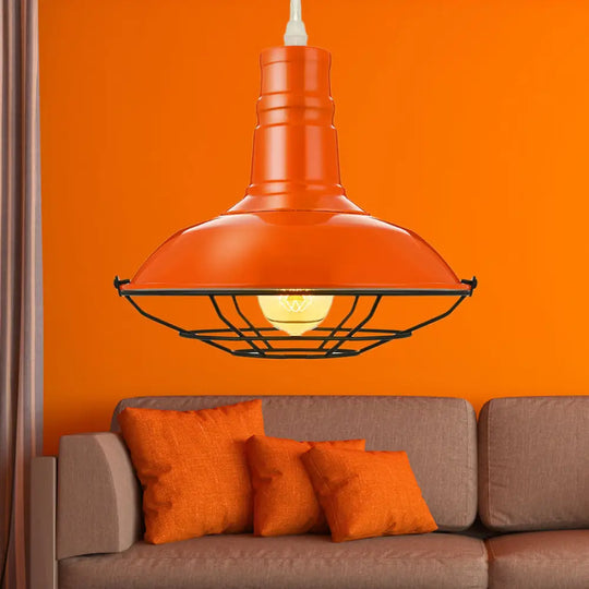 Industrial Metal Pendant Light Fixture With Wire Guard - Orange/Blue/Green Bowl Design