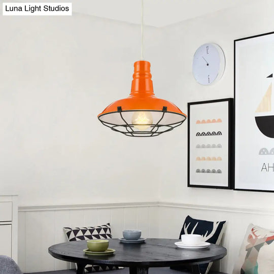 Industrial Metal Pendant Light Fixture With Wire Guard - Orange/Blue/Green Bowl Design