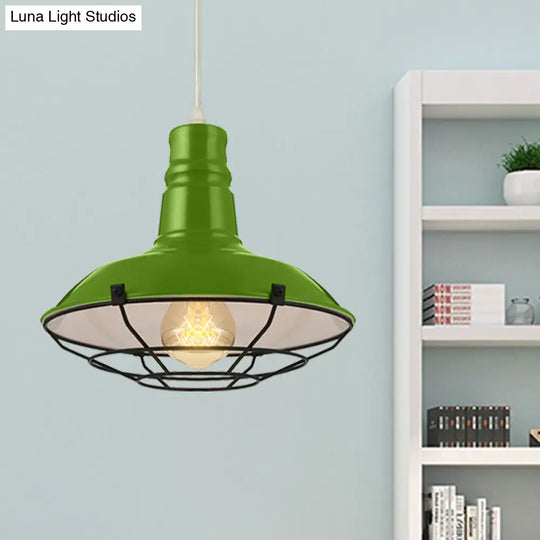 Industrial Metal Pendant Light Fixture With Wire Guard - Orange/Blue/Green Bowl Design