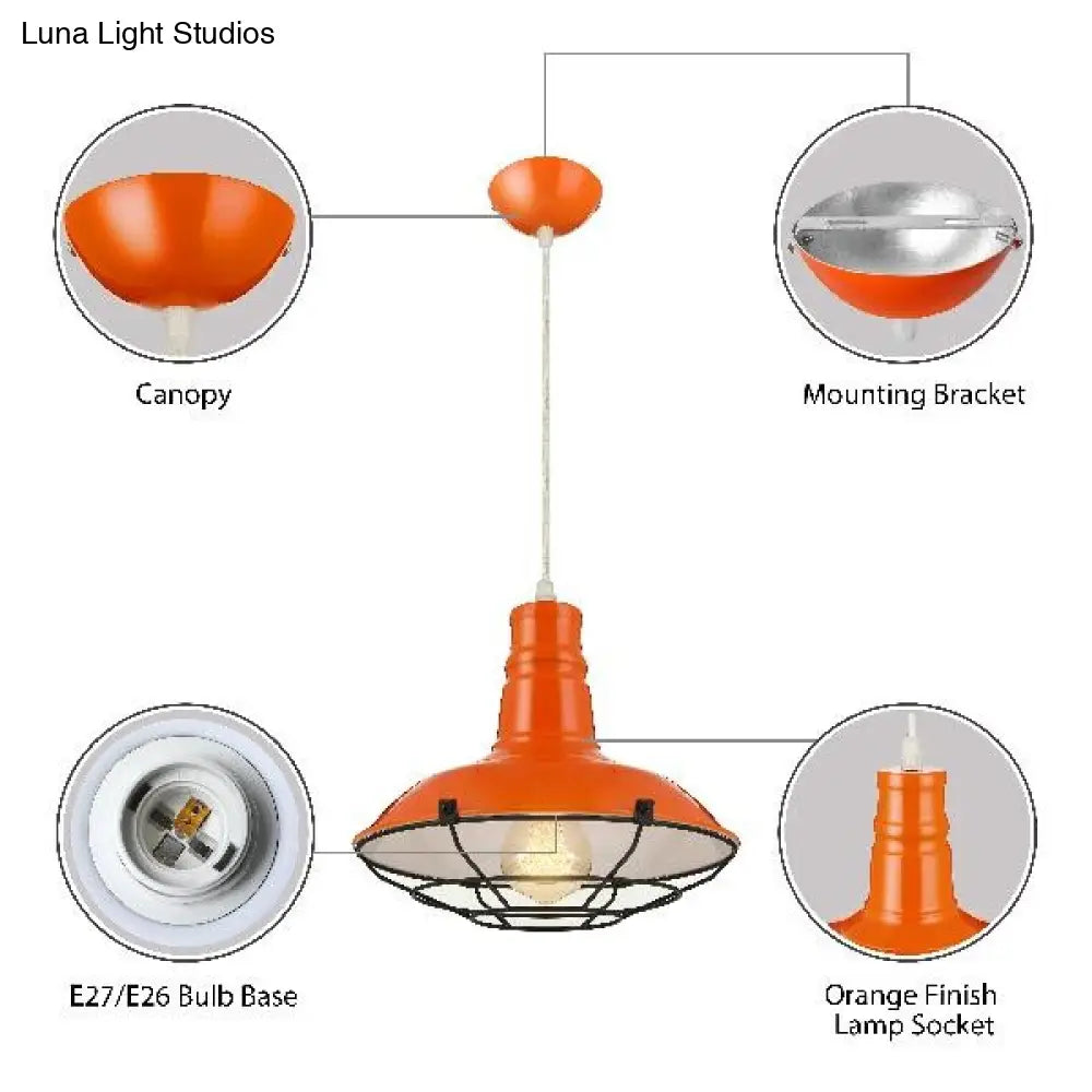 Industrial Metal Pendant Light With Wire Guard In Orange Blue And Green 1-Light 10/14/18 Dia -