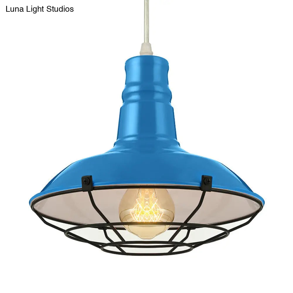 Industrial Metal Pendant Light With Wire Guard In Orange Blue And Green 1-Light 10/14/18 Dia -