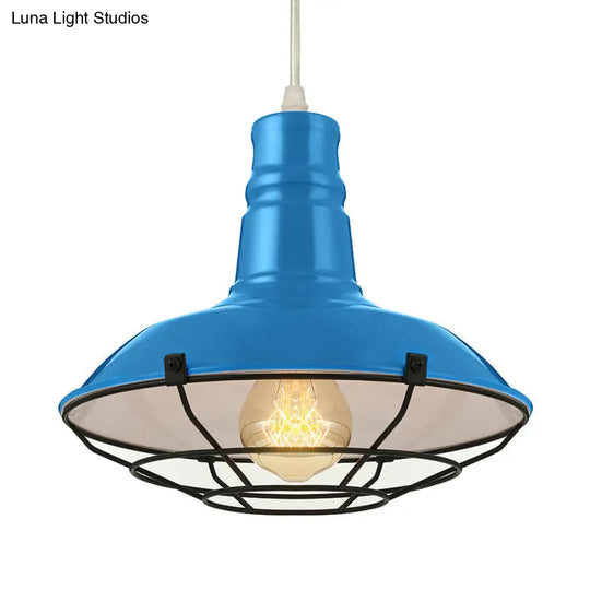 Industrial Metal Pendant Light With Wire Guard In Orange Blue And Green 1-Light 10/14/18 Dia -