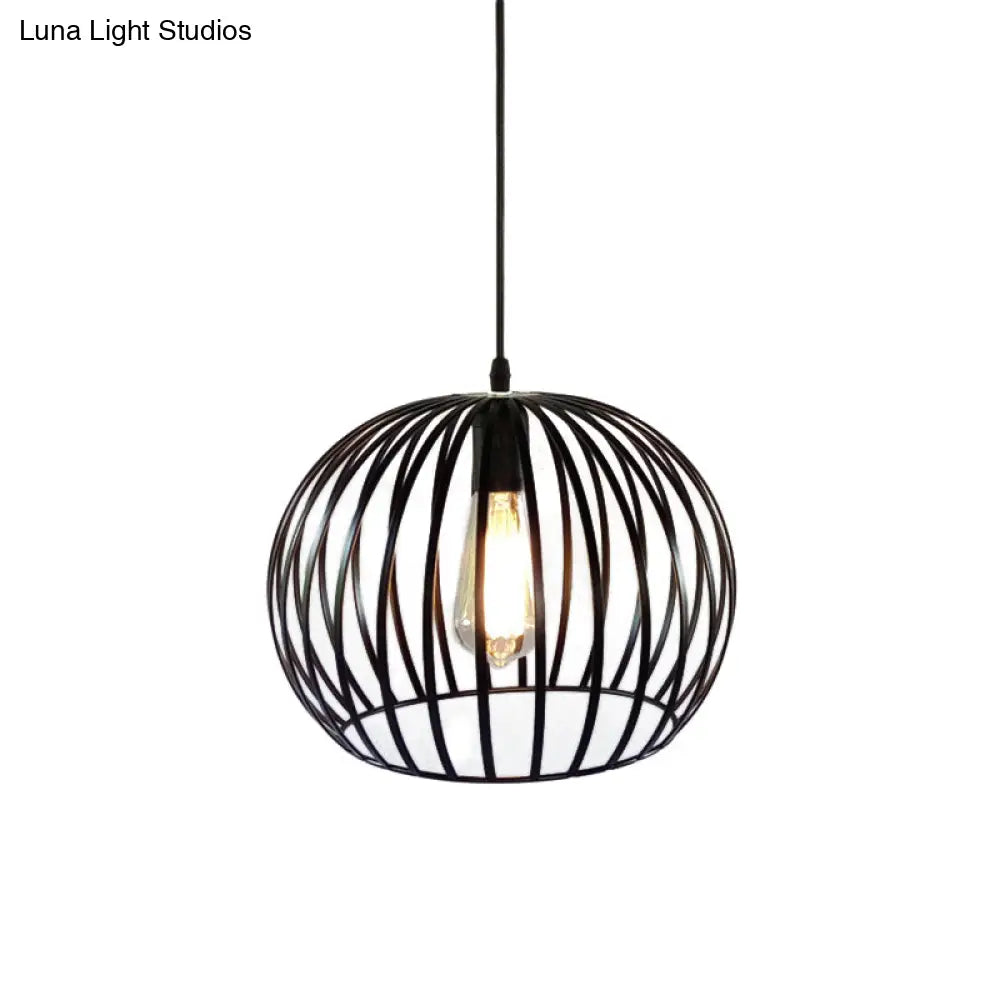 Industrial Metal Pendant Light In Satin Black - 12’/14’ Wide Globe Cage 1 Bulb Perfect For