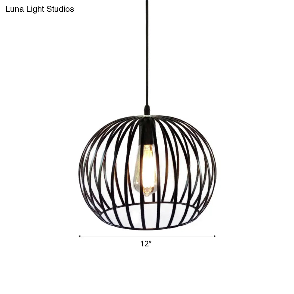 Industrial Metal Pendant Light In Satin Black - 12’/14’ Wide Globe Cage 1 Bulb Perfect For