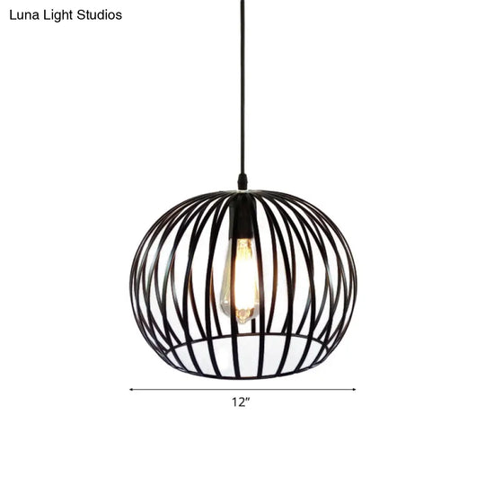 Industrial Metal Pendant Light In Satin Black - 12’/14’ Wide Globe Cage 1 Bulb Perfect For