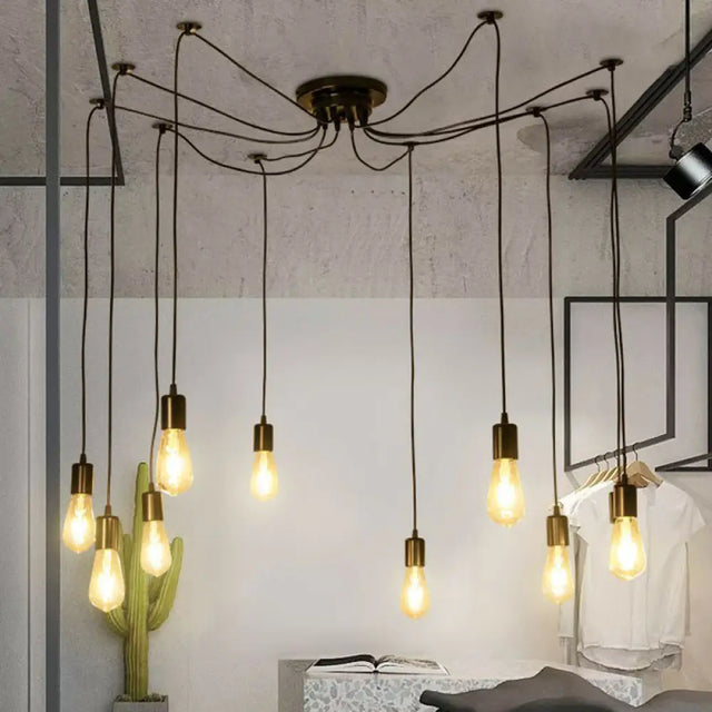 Industrial Metal Pendant Light With 10 Black Naked Bulb Heads - Perfect Garage Swag Hanging Lamp