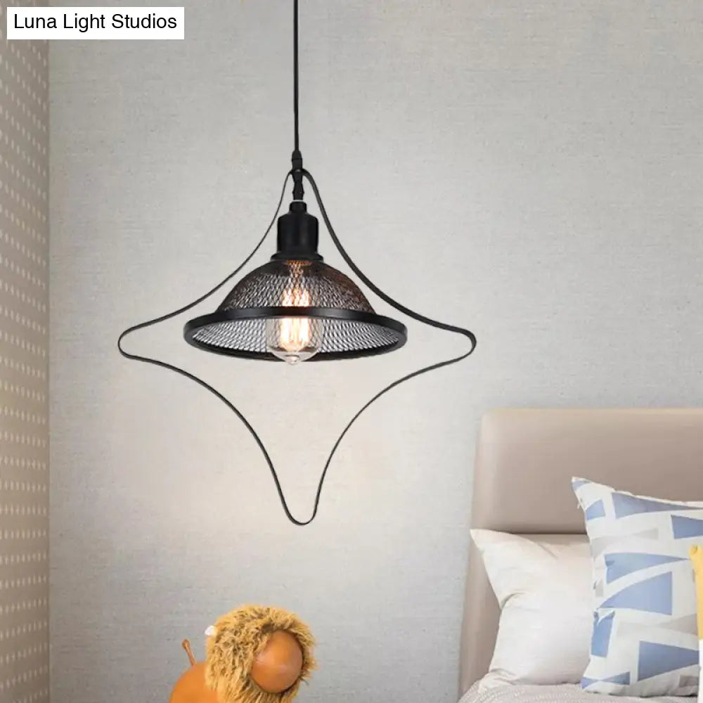 Industrial Metal Pendant Light With Black Rhombus/Round And Mesh Flared Shade