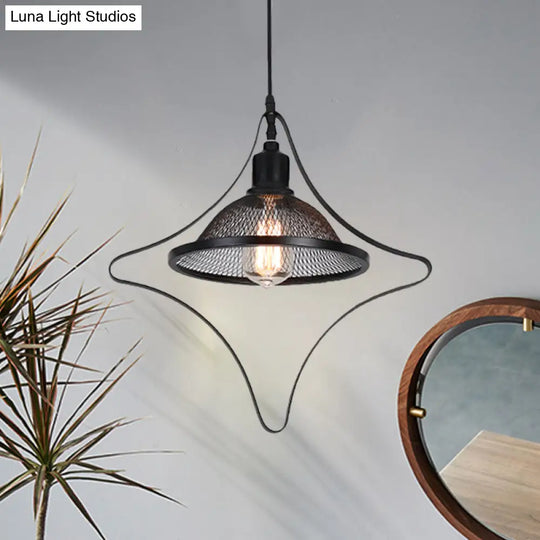 Industrial Metal Pendant Light With Black Rhombus/Round Design And Mesh Flared Shade