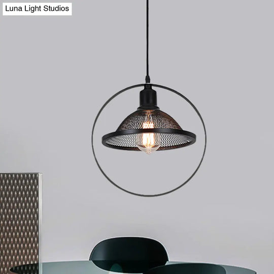 Industrial Metal Pendant Light With Black Rhombus/Round Design And Mesh Flared Shade