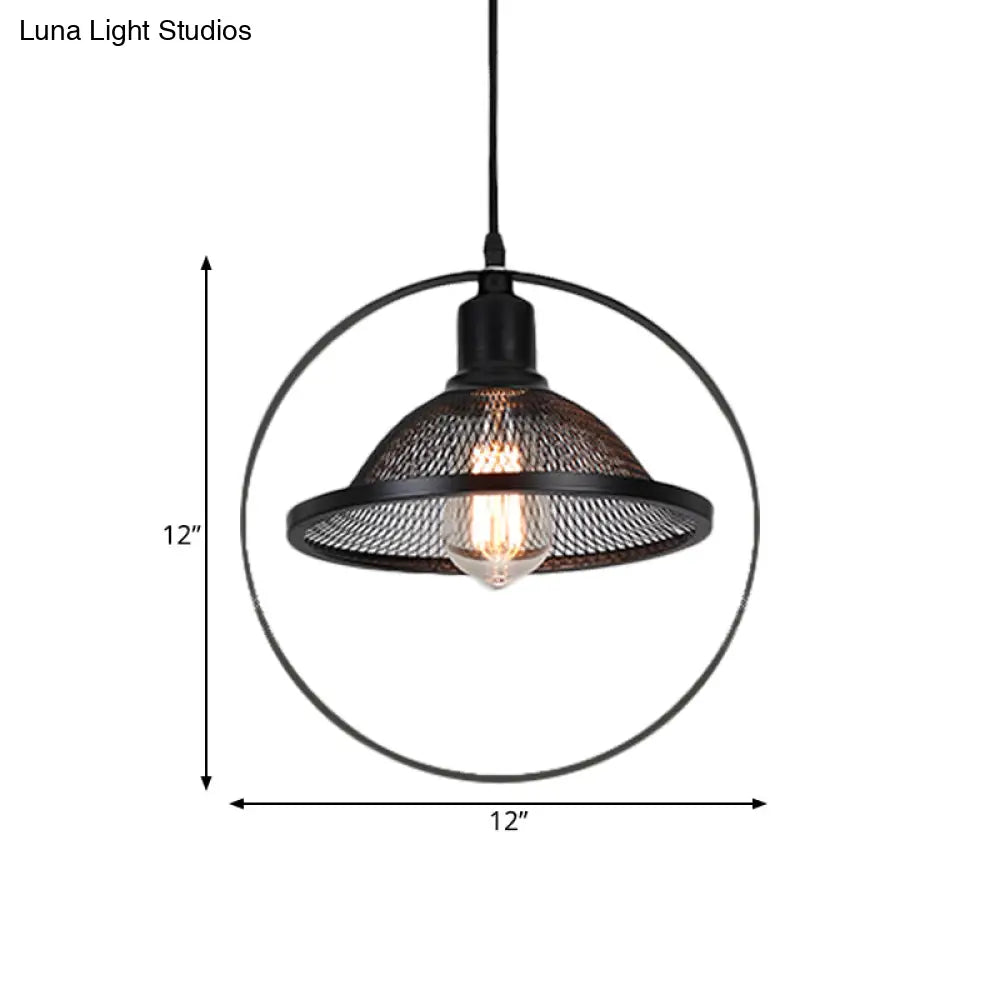 Industrial Metal Pendant Light With Black Rhombus/Round Design And Mesh Flared Shade