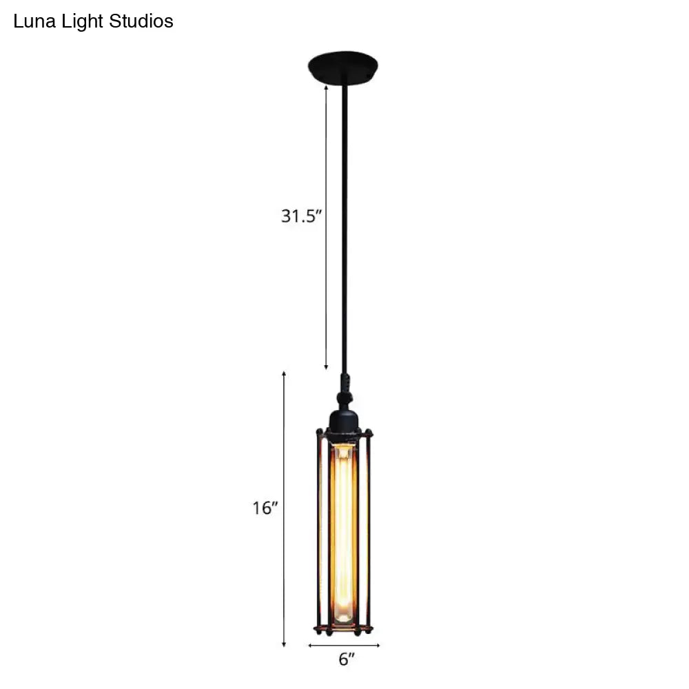 Industrial Hanging Pendant Light With Metal Wire Guard And Tube Shade In Black - Bedroom Lighting