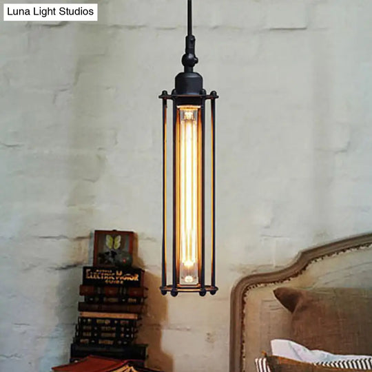Industrial Hanging Pendant Light With Metal Wire Guard And Tube Shade In Black - Bedroom Lighting