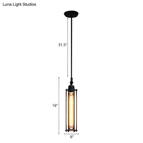 Industrial Metal Pendant Light With Tube Shade And Wire Guard - Black Finish