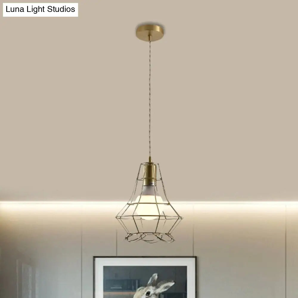 Industrial Metal Pendant Lighting With Gold Finish And Wire Frame For Dining Room - 1 Head