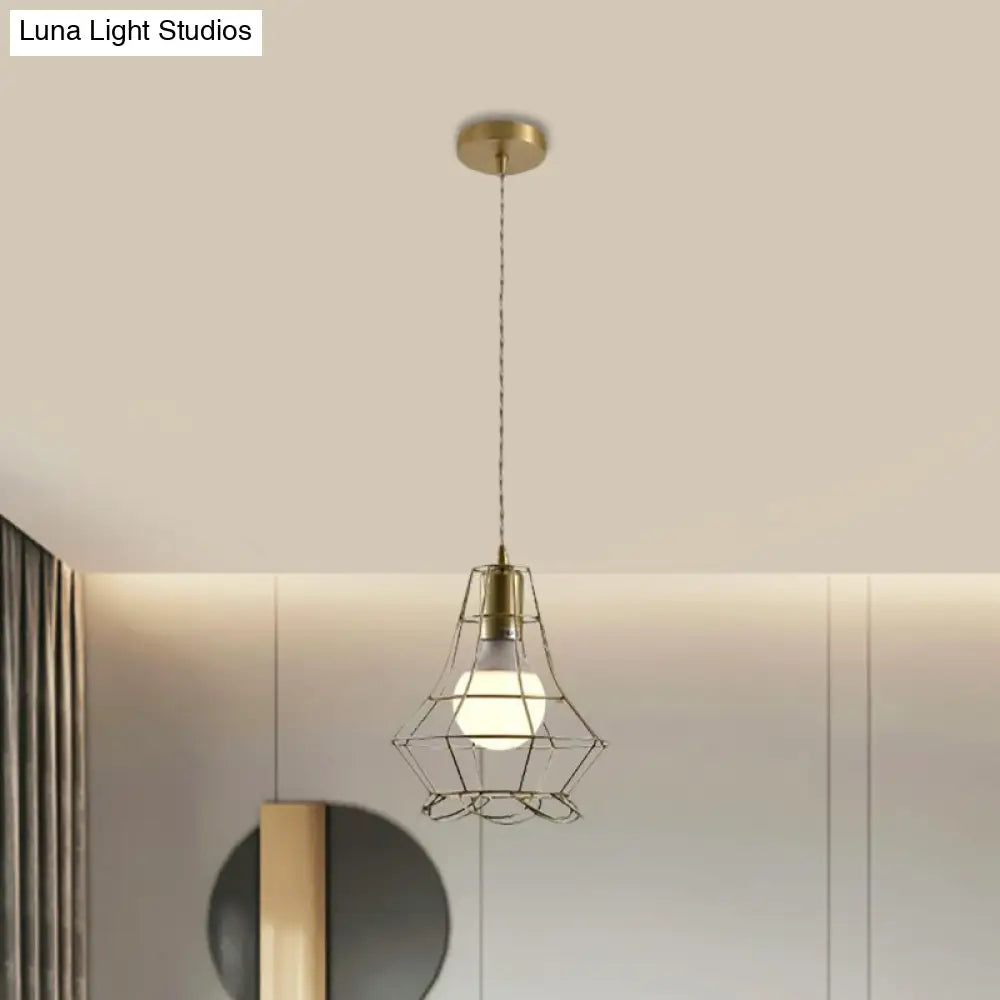 Industrial Metal Pendant Lighting With Gold Finish And Wire Frame For Dining Room Or Ambient