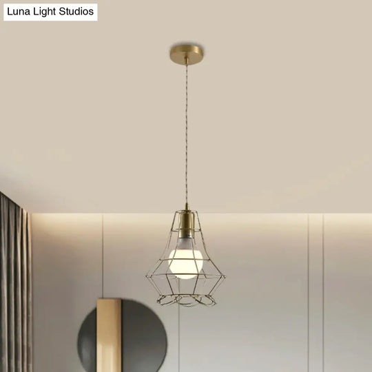 Industrial Metal Pendant Lighting With Gold Finish And Wire Frame For Dining Room Or Ambient