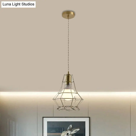 Industrial Metal Pendant Lighting With Gold Finish And Wire Frame For Dining Room Or Ambient