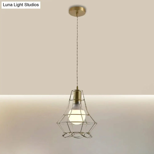Industrial Metal Pendant Lighting With Gold Finish And Wire Frame For Dining Room - 1 Head