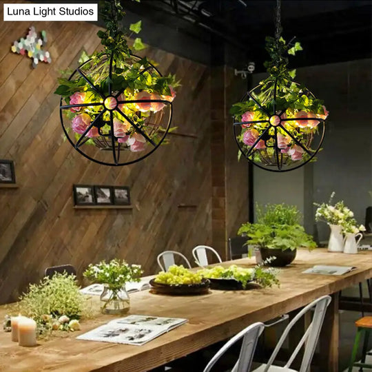 Industrial Style Metal Chandelier With Artificial Plant Suspension Lighting For Restaurants