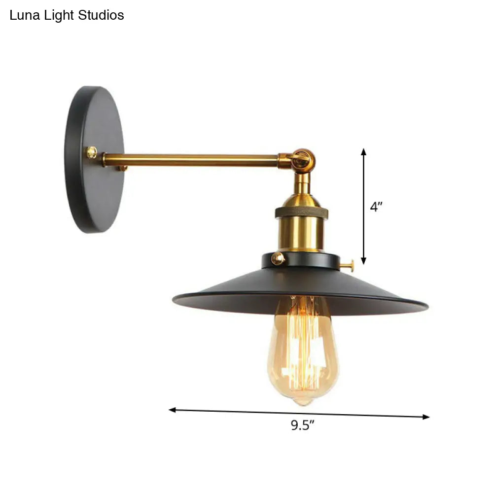 Industrial Metal Rotatable Wall Lamp In Black With Brass Arm And Open Bulb Design
