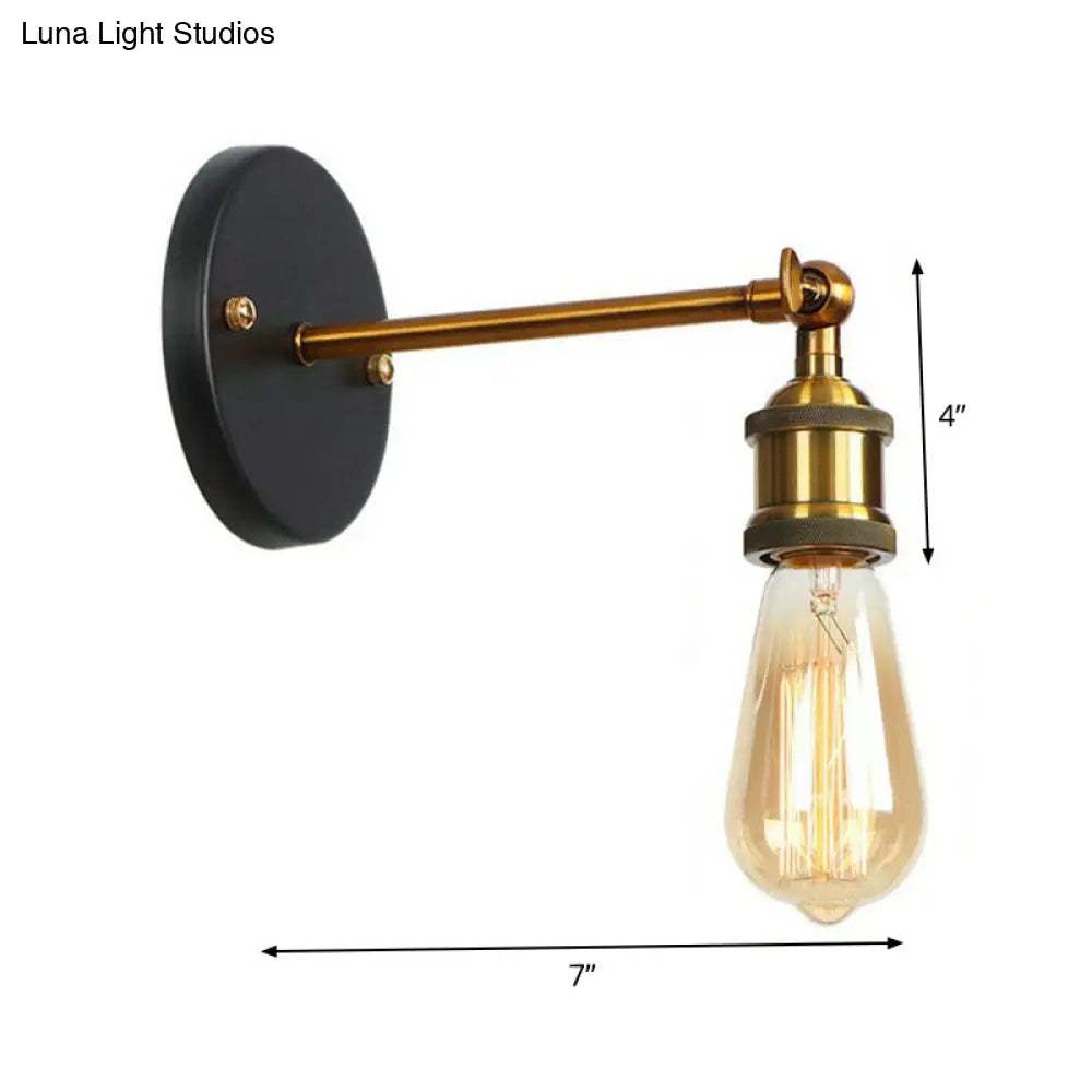 Industrial Metal Rotatable Wall Lamp In Black With Brass Arm And Open Bulb Design
