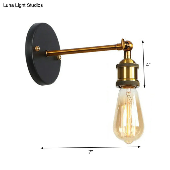 Industrial Metal Rotatable Wall Lamp In Black With Brass Arm And Open Bulb Design