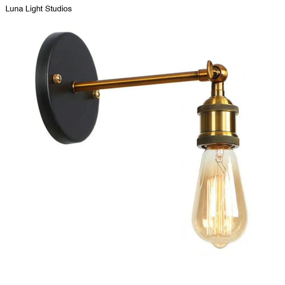 Industrial Metal Rotatable Wall Lamp In Black With Brass Arm And Open Bulb Design
