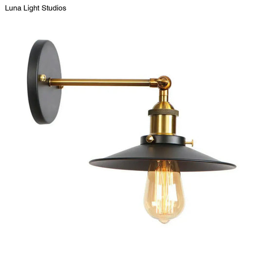 Industrial Metal Rotatable Wall Lamp In Black With Brass Arm And Open Bulb Design