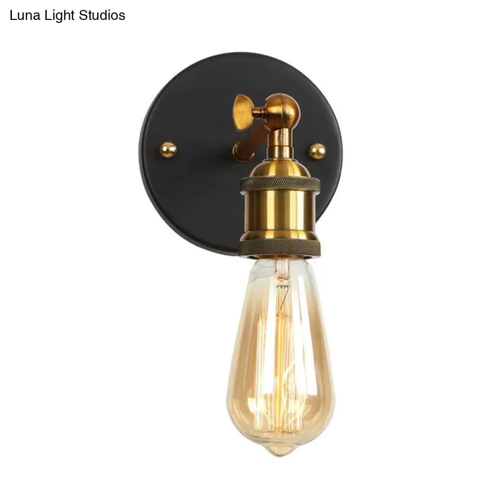 Industrial Metal Rotatable Wall Lamp In Black With Brass Arm And Open Bulb Design