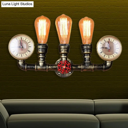 Industrial Metal Sconce Lighting: Wall Mounted Lamp With Pressure Gauge - 3 Bulbs Included