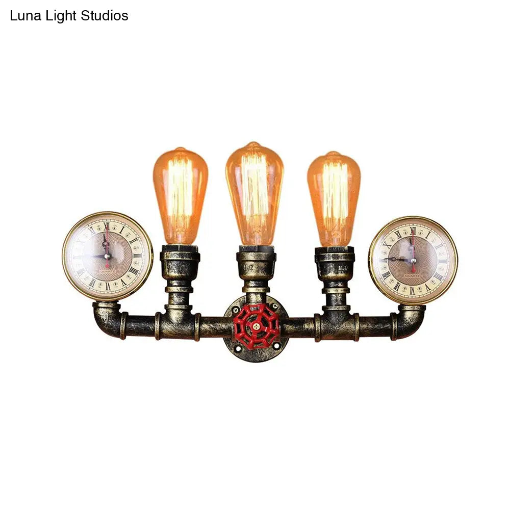 Industrial Metal Sconce Lighting: Wall Mounted Lamp With Pressure Gauge - 3 Bulbs Included