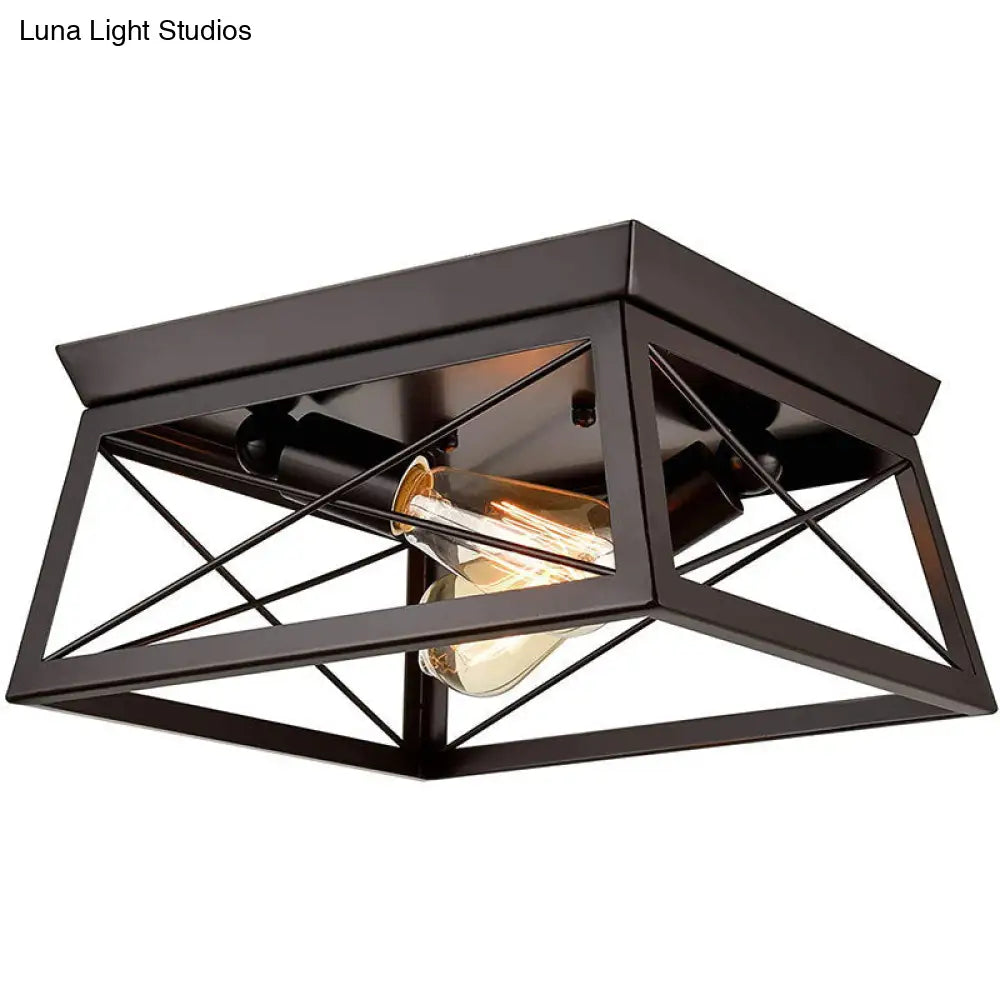 Industrial Metal Square Dining Room Flush Ceiling Light: Sleek Close-To-Ceiling Fixture