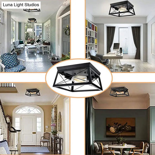 Industrial Metal Square Dining Room Flush Ceiling Light: Sleek Close-To-Ceiling Fixture