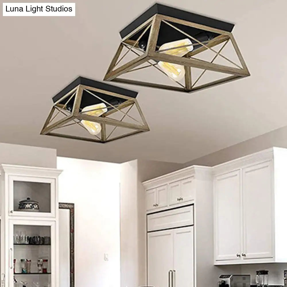Industrial Metal Square Dining Room Flush Ceiling Light: Sleek Close-To-Ceiling Fixture