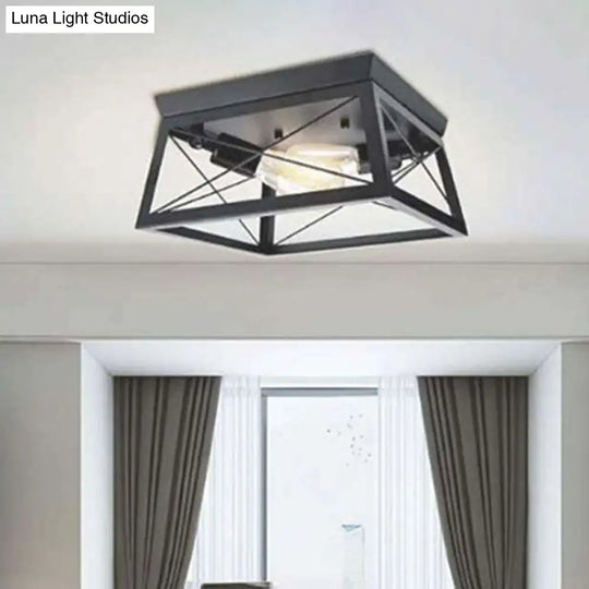 Industrial Metal Square Dining Room Flush Ceiling Light: Sleek Close-To-Ceiling Fixture